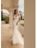 Short Sleeves Beaded Ivory Lace Tulle Slit Back Wedding Dress
